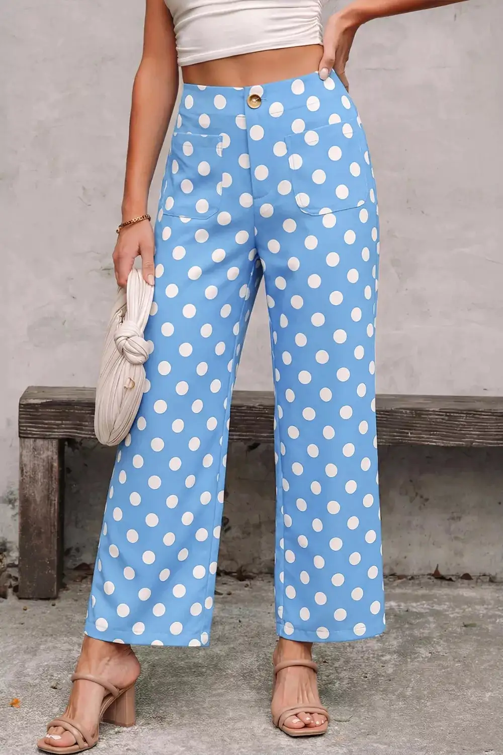 Polka Dot Print Patched Pocket Mid Rise Straight Leg Pants