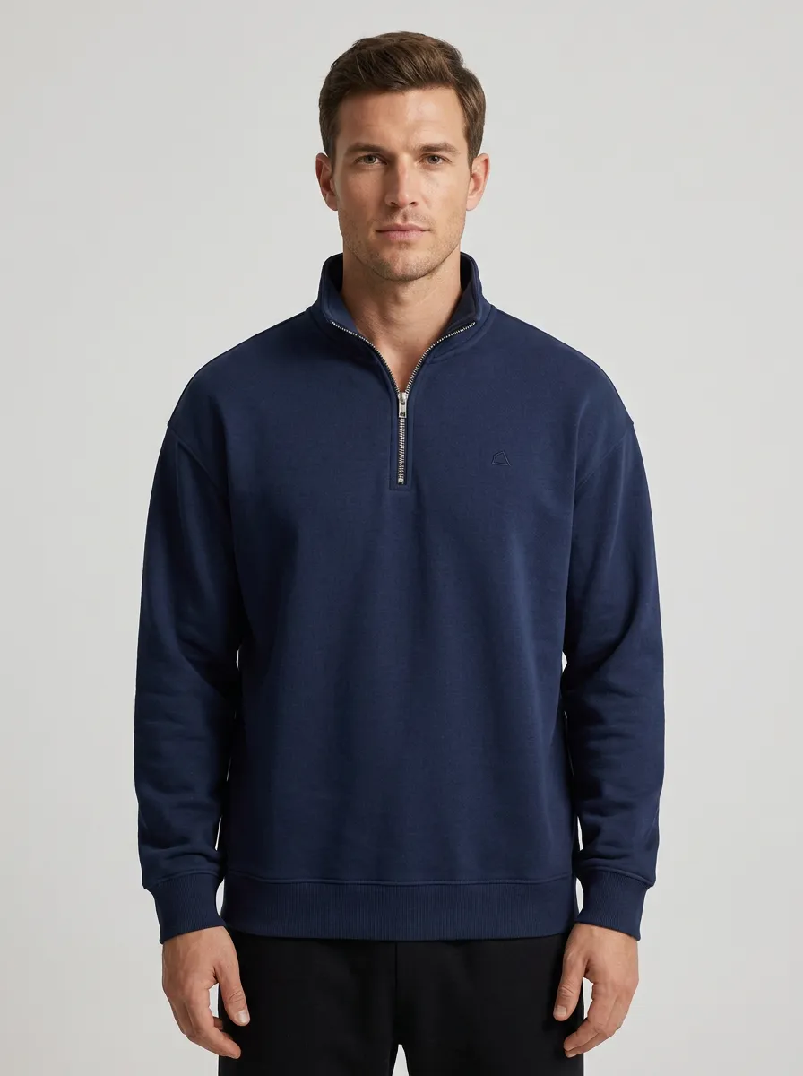 Men's Casual Minimalist Textured Embroidered Emblem Quarter-Zip Sweatshirt