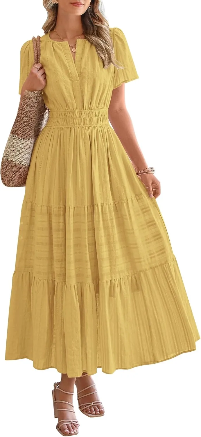 HOT SALE Womens Summer Lightweight Short Sleeve V Casual Midi Maxi Dresses