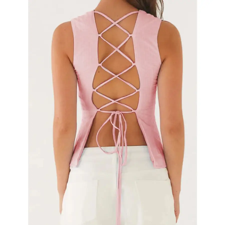 Back Lace Up Sleeveless Top With Cinched