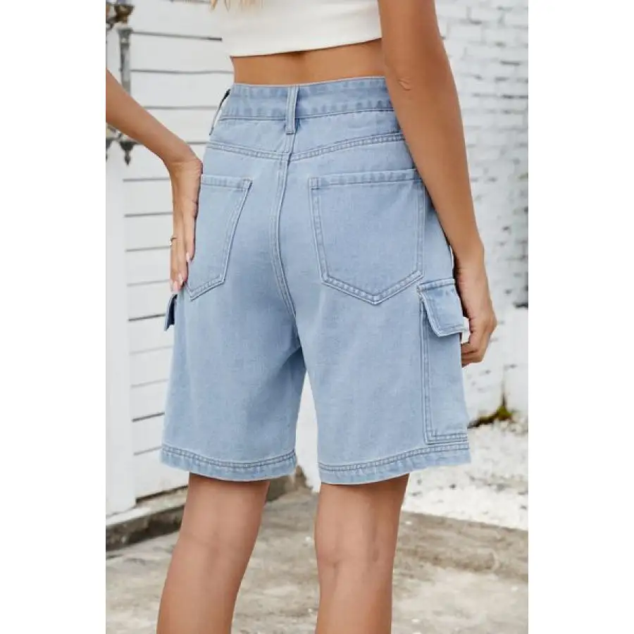 High Rise Pocketed Cargo Denim Shorts