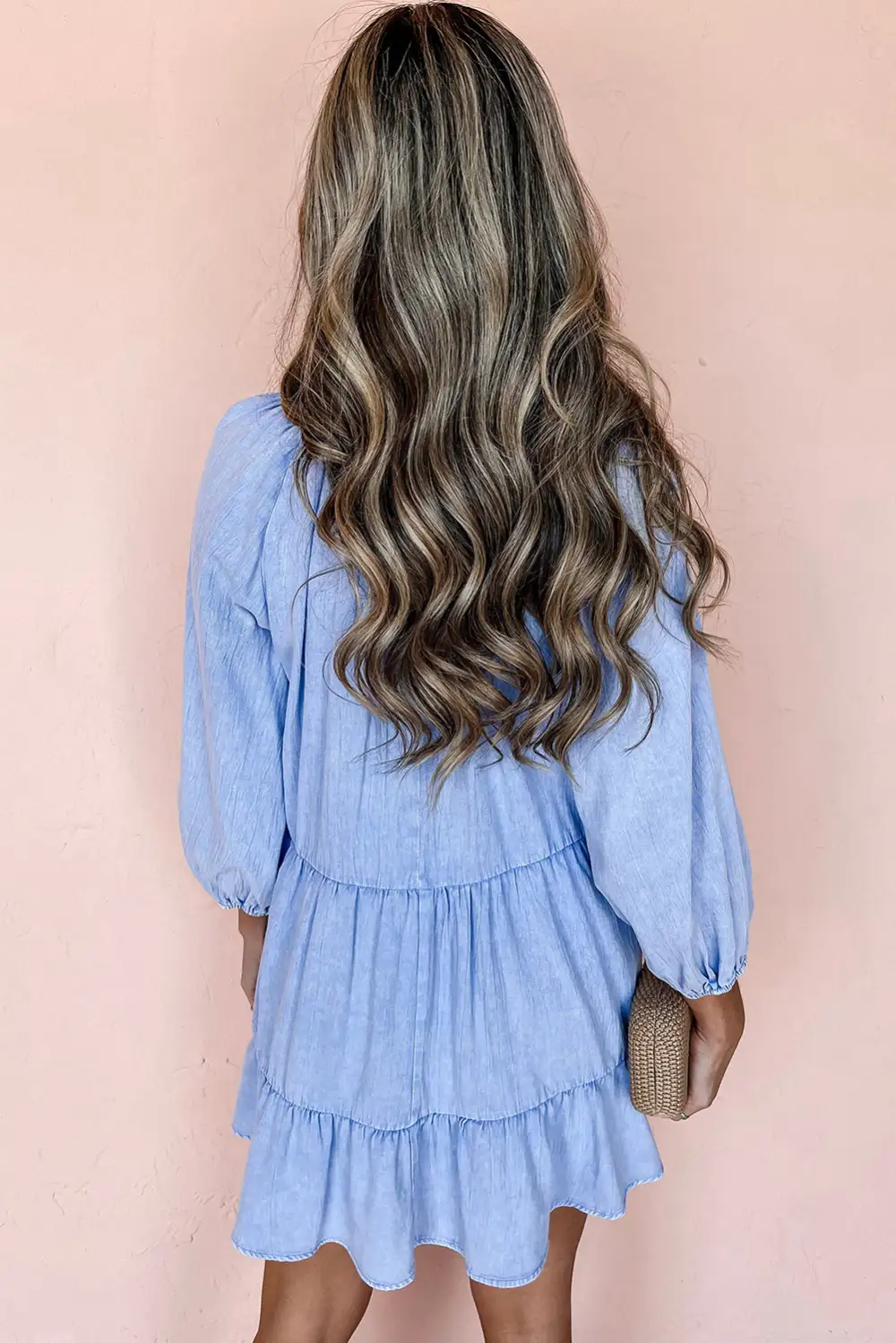 Puff Sleeve V Neck Tiered Ruffled Chambray Mini Dress