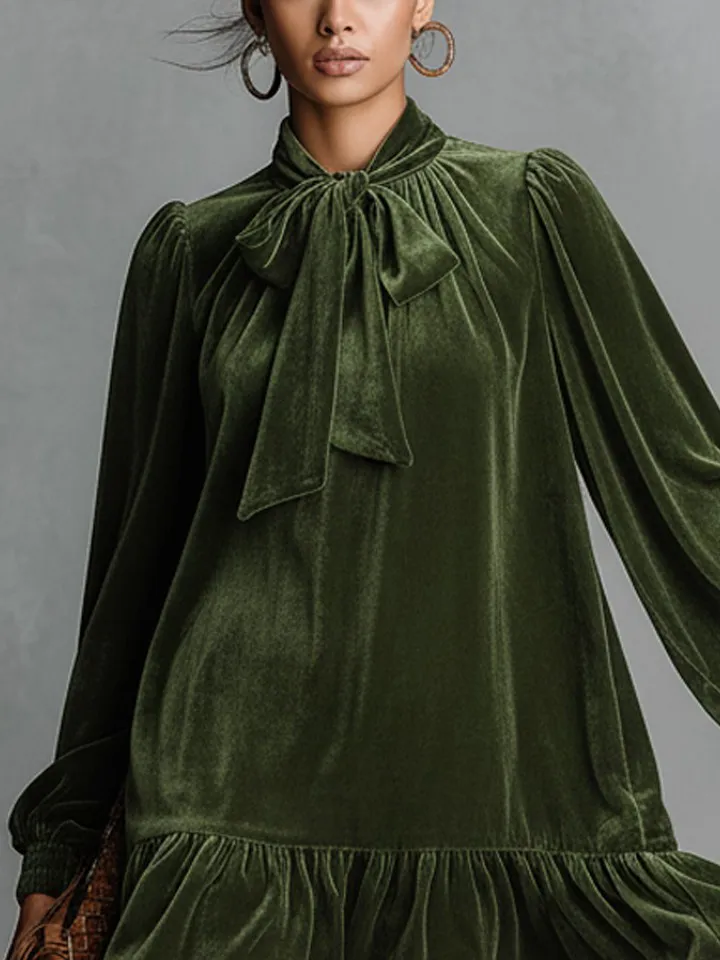 Tie Neck Loose Velvet Heyb Mini Dress