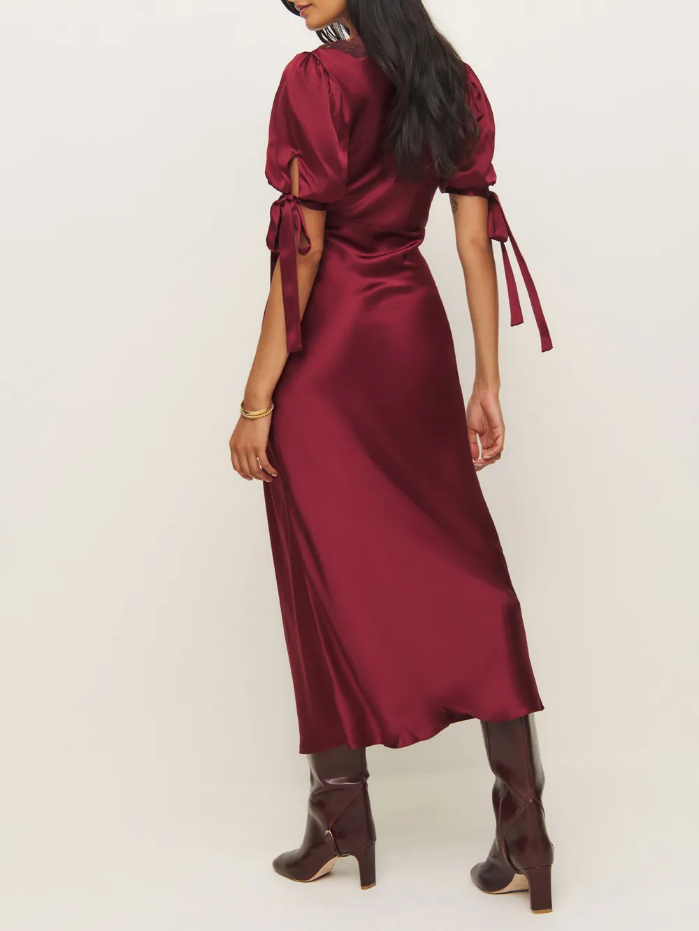 Lace Trimmed Tie Sleeve Silk Midi Dress