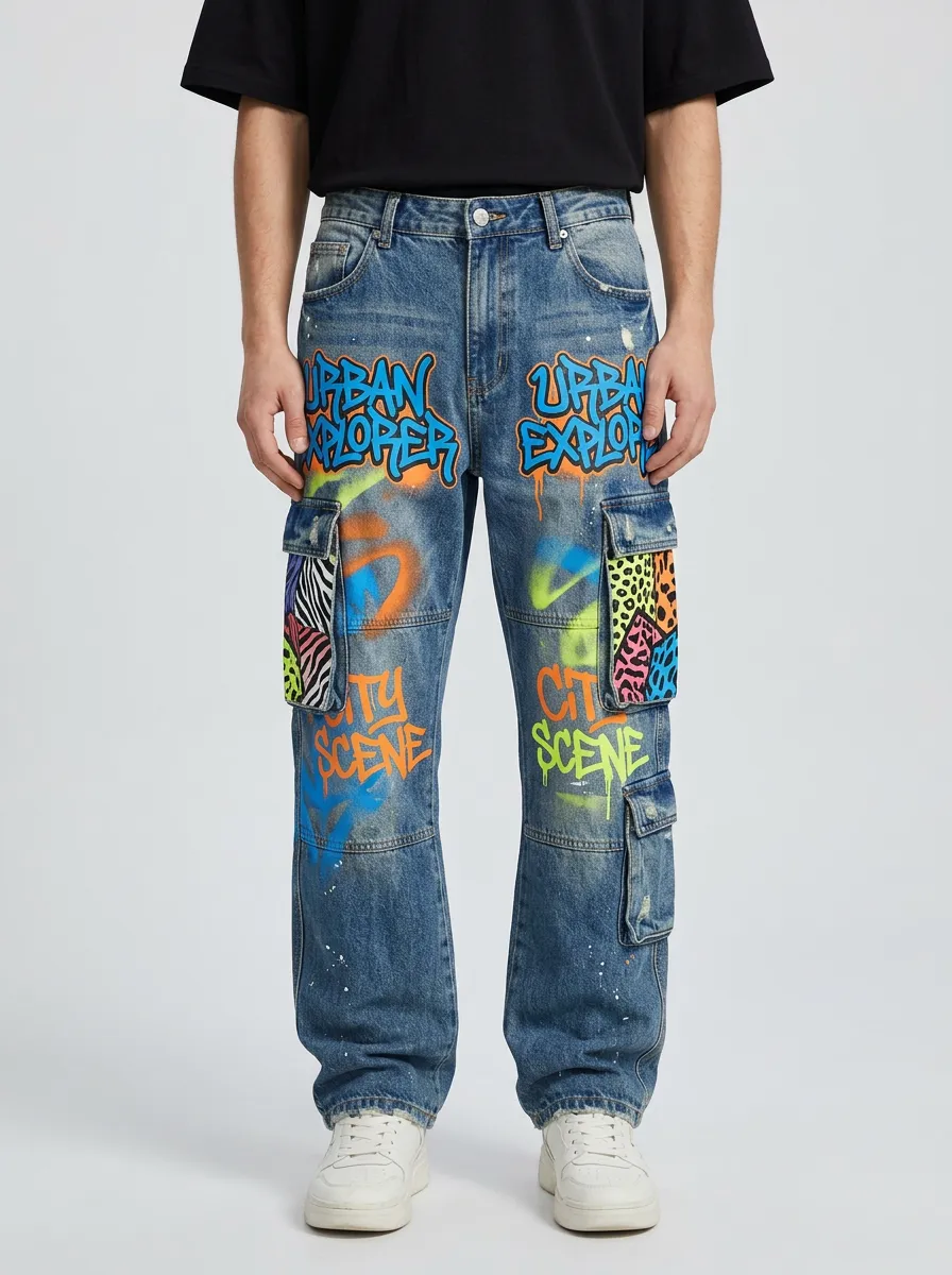 Men's Streetwear Urban Explorer Graffiti Animal Print Graphic Cargo Jeans