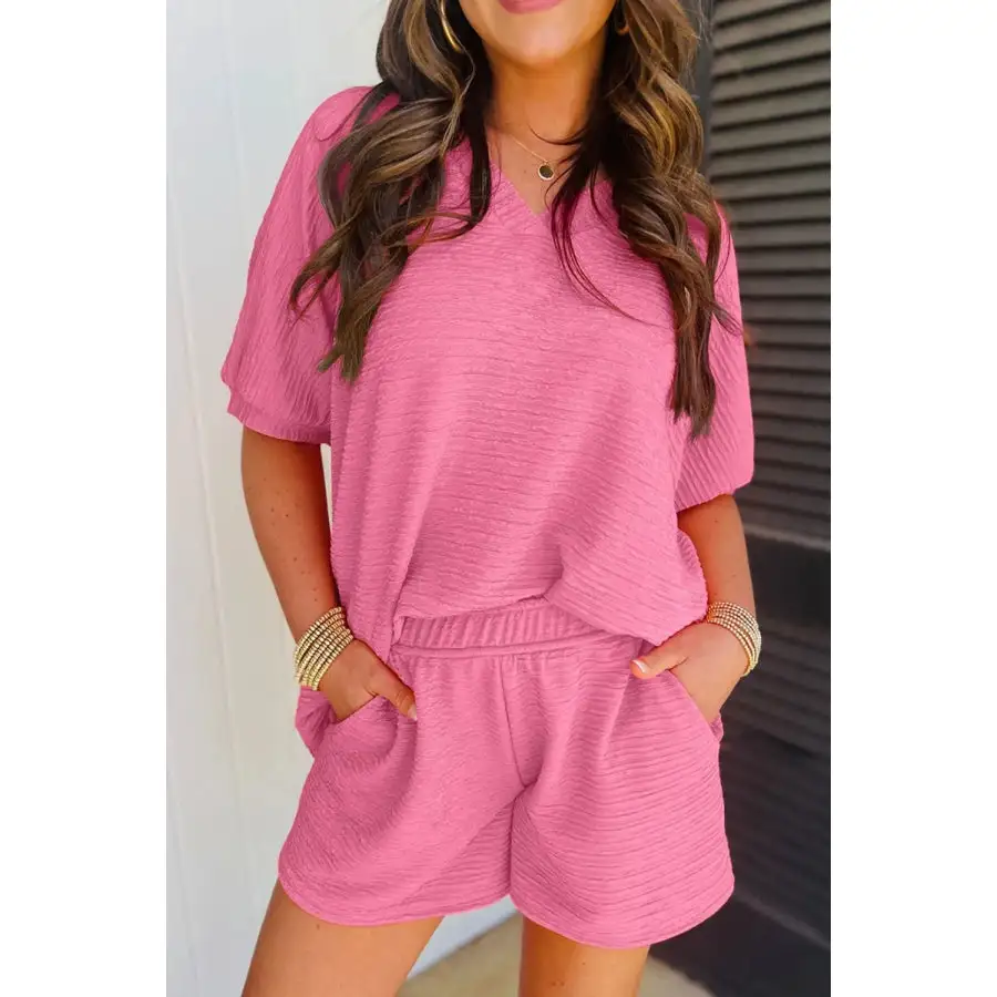 Textured V Neck T Shirt and Shorts Set