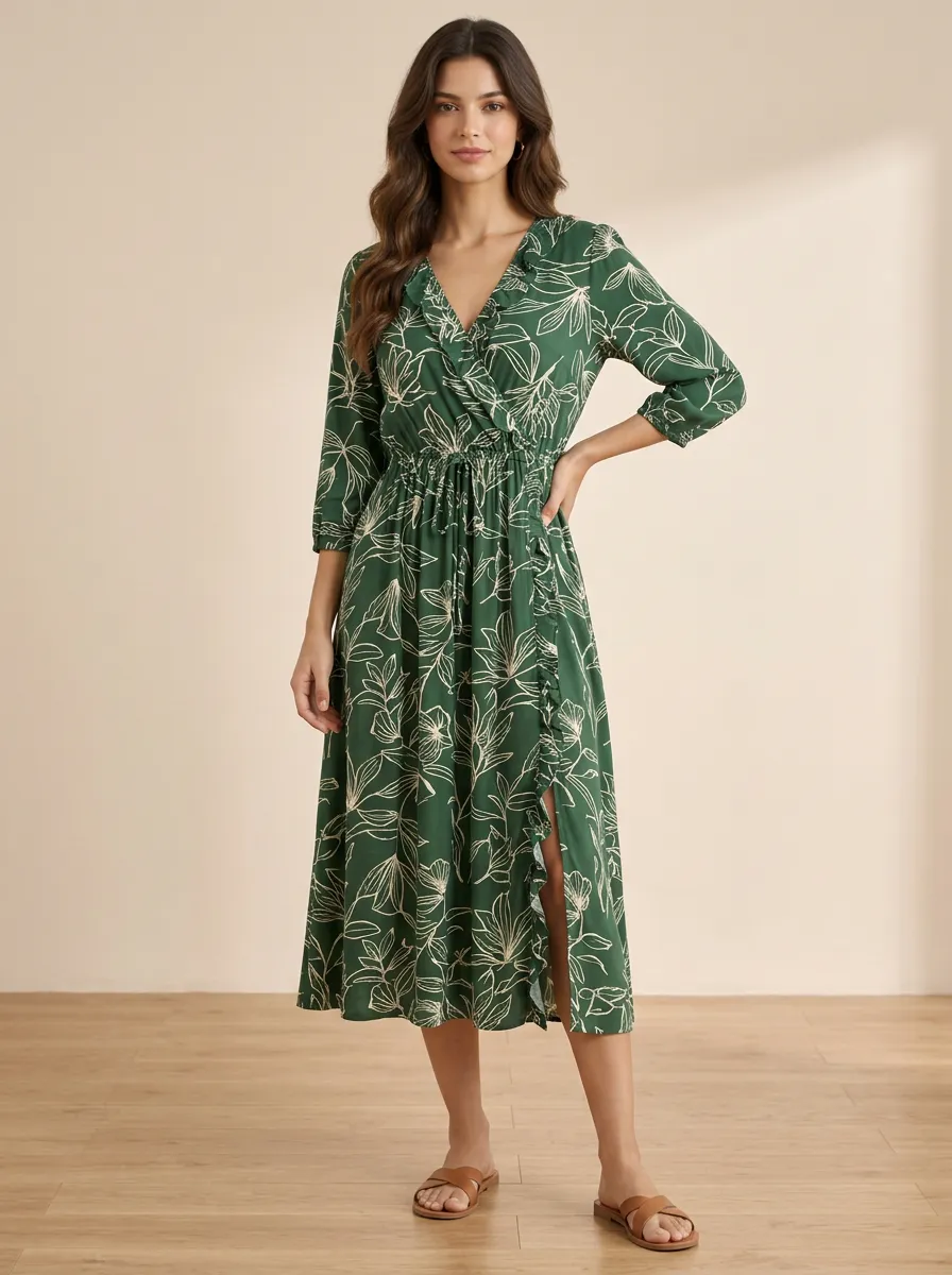 Women's Classic Casual Botanical Floral Ruffle Printed Dress