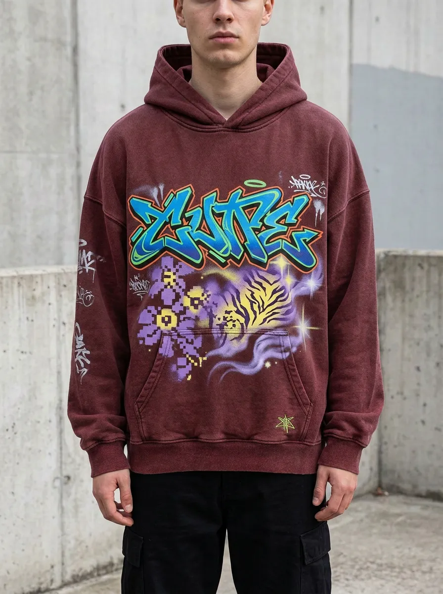 Unisex Streetwear Graffiti Pixel Tiger Graphic Hoodie