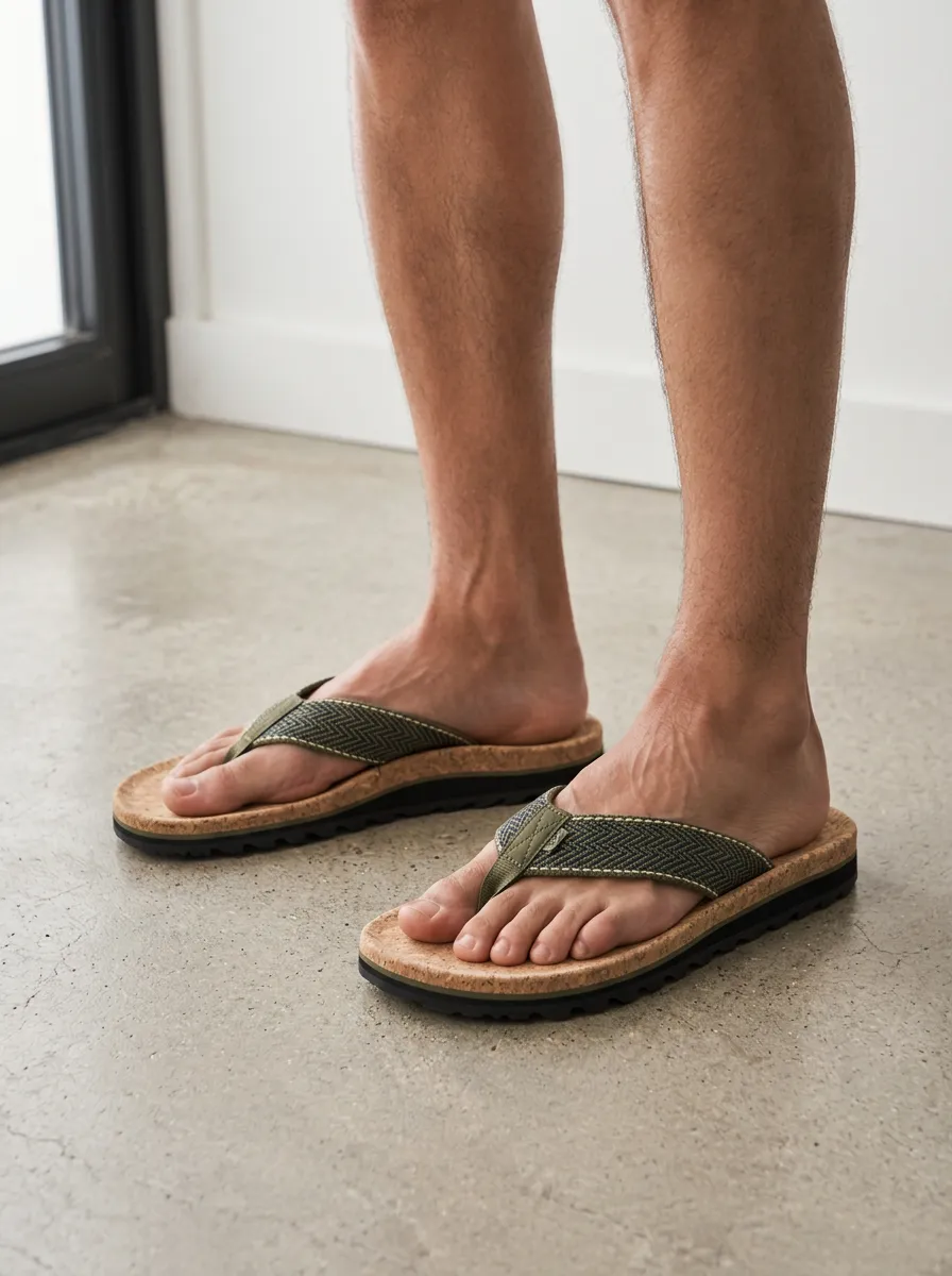 Men's Casual Summer Herringbone Pattern Printed Cork Flip Flops