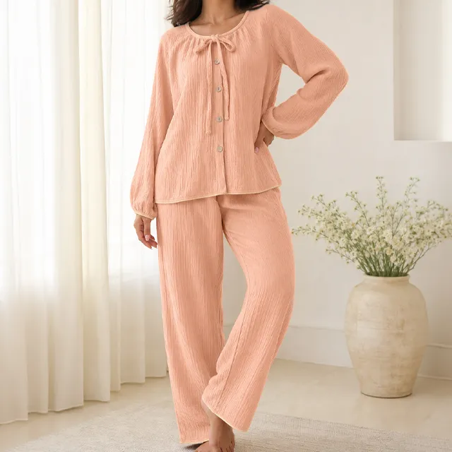 Tie-Up Cotton Textured Pajama Set