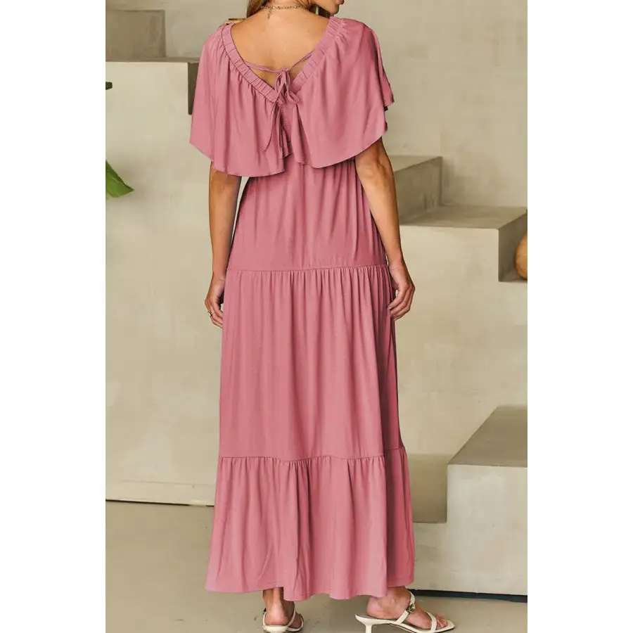 Ruffled V Neck Flutter Sleeve Maxi Dress