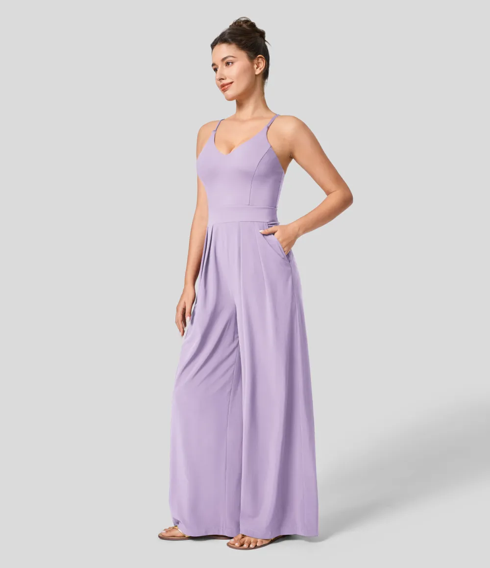 Breezeful Backless Side Invisible Zipper Pocket Wide Leg Quick Dry Resort Slip Jumpsuit