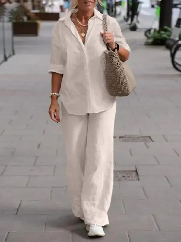 Lapel Long Sleeve Shirt Pants Wide Leg Suit