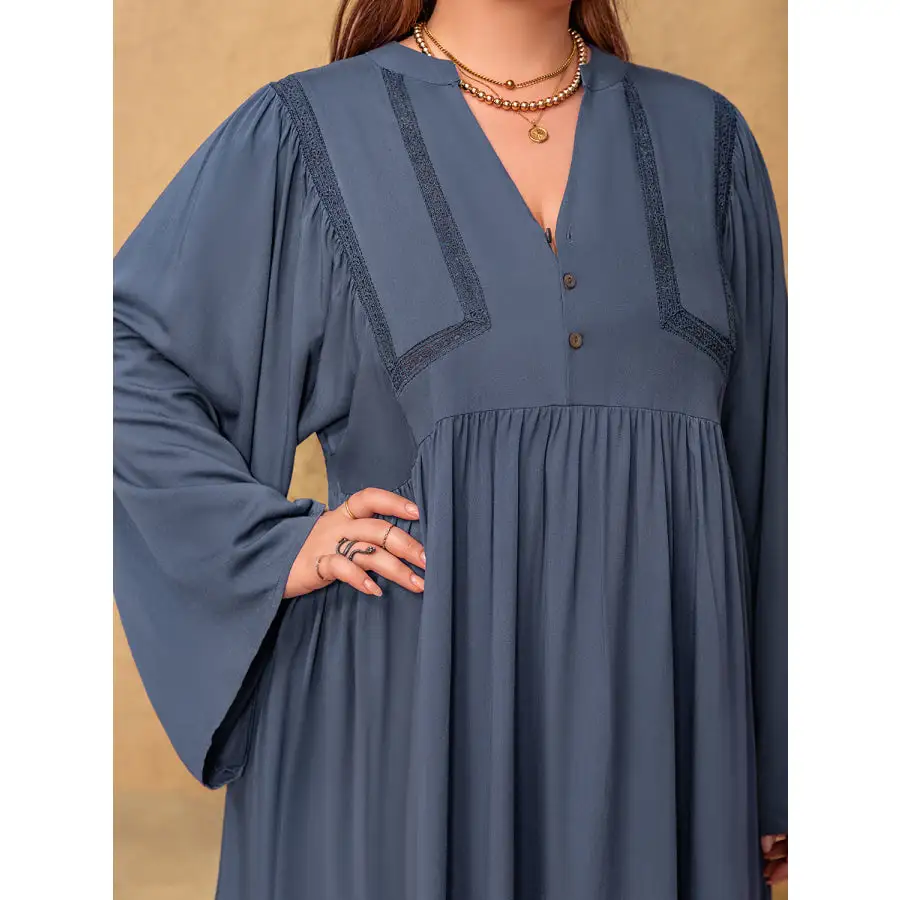 Plus Size Lace Detail Notched Long Sleeve Midi Dress