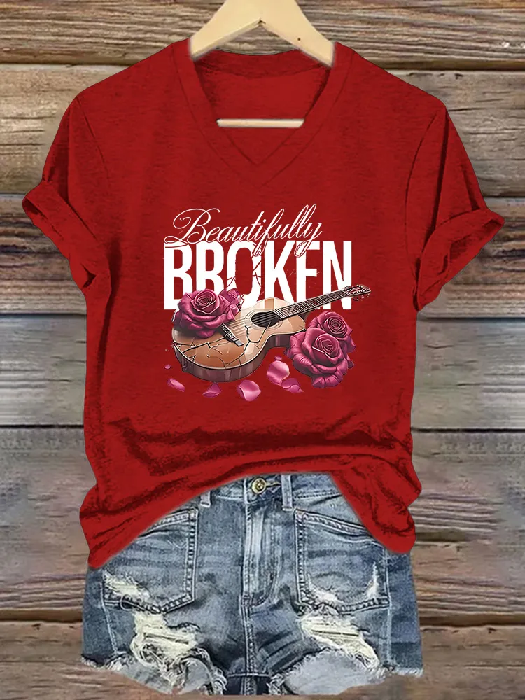 Women's Beautifully Broken Guitar Flower Print Short-Sleeved T-Shirt