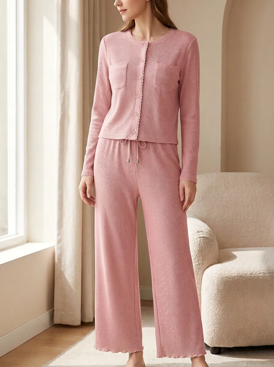 Women's Sage Green Scalloped Waffle Knit Button-Down Loungewear Set