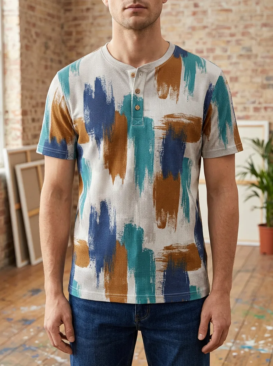 Men's Easygoing Abstract Brushstroke Waffle Knit Henley T-Shirt