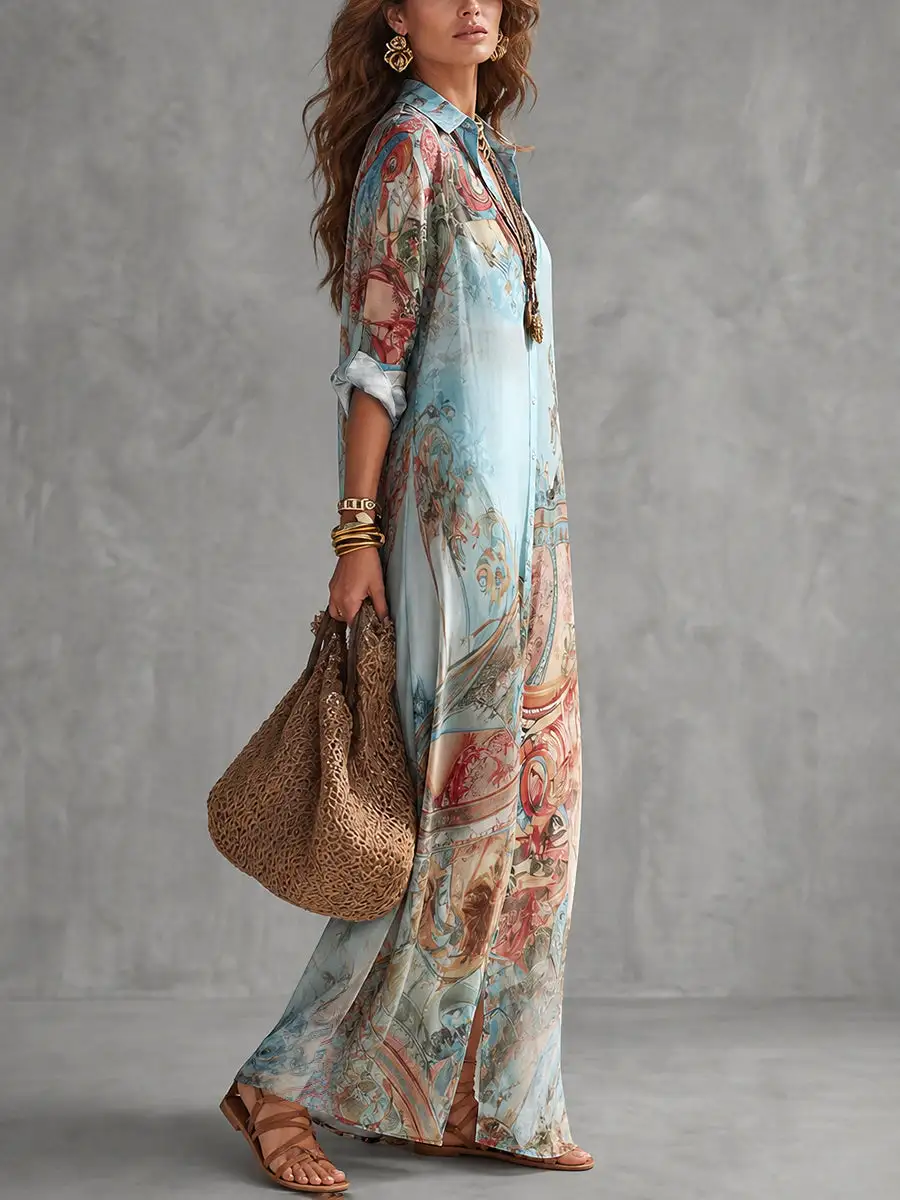 Printed Buttoned Shirt Maxi Dress