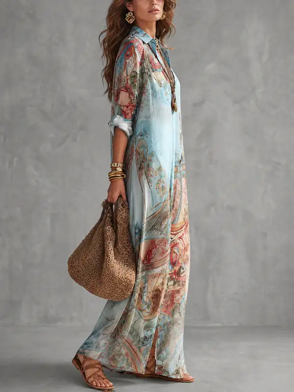 Printed Buttoned Shirt Maxi Dress