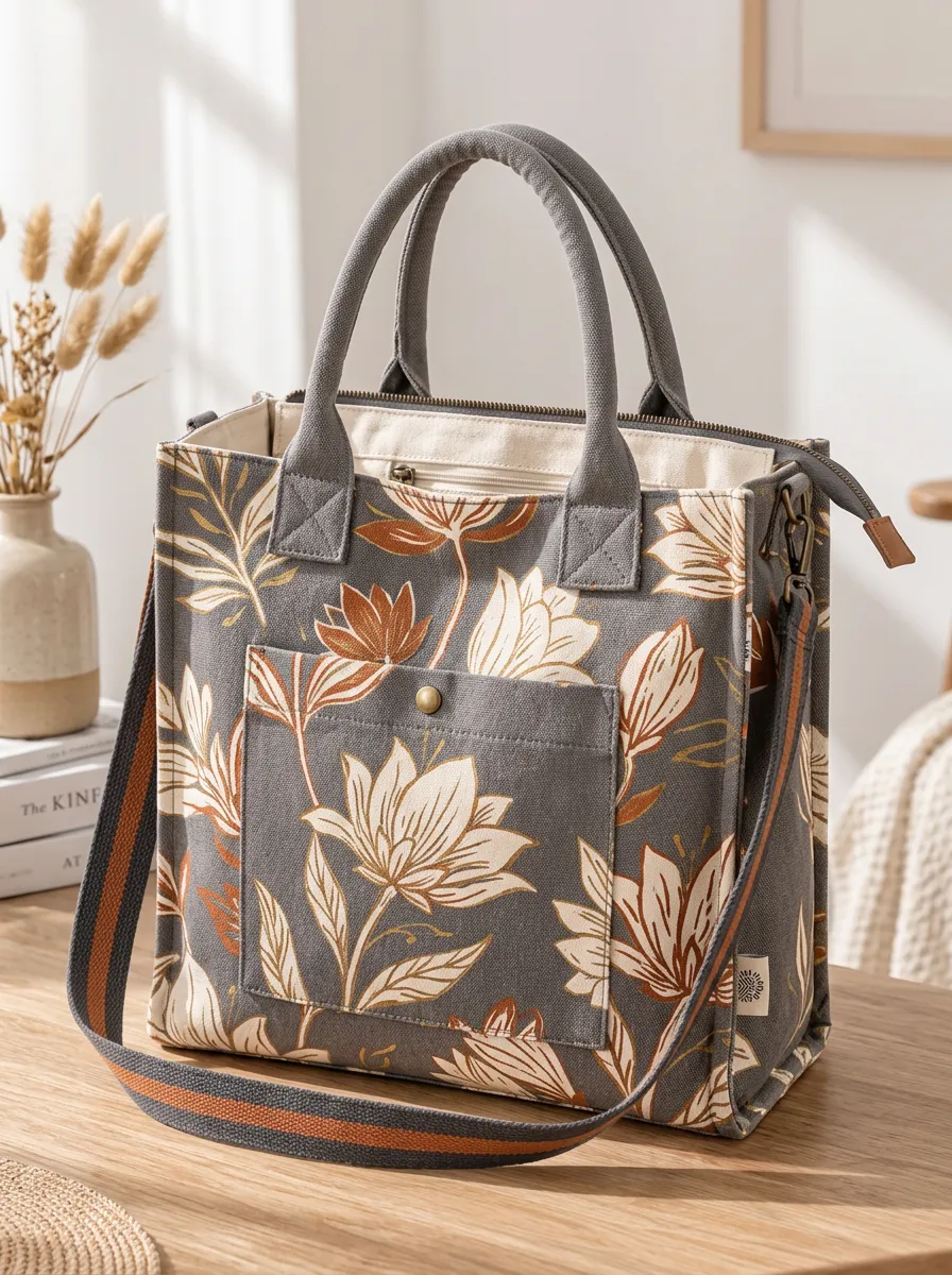 Women's Botanical Floral Detachable Strap Printed Canvas Shoulder Tote Bag