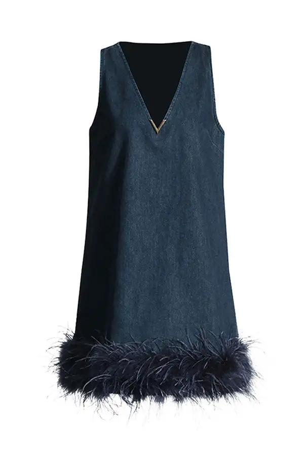 Blue Feather Trim Denim Mini Dress