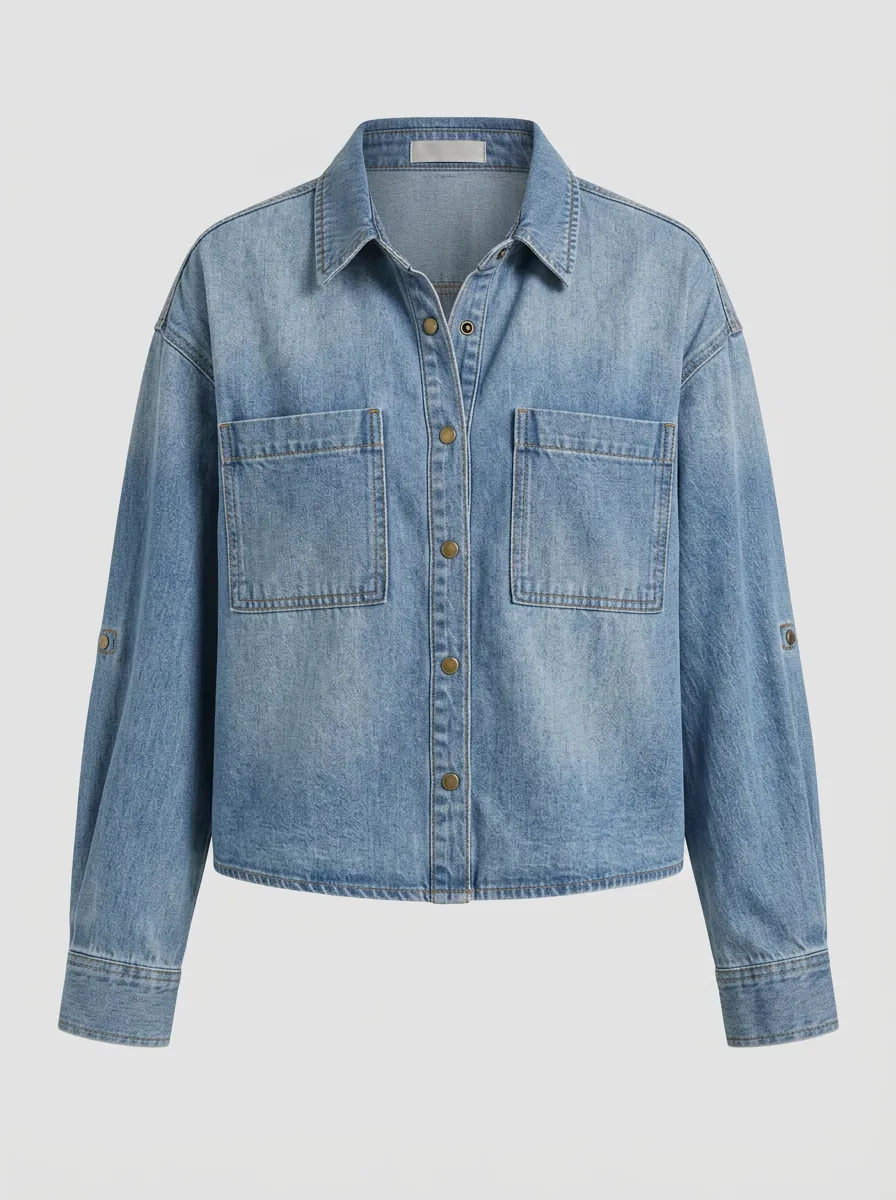 Women's Casual Oversized Blue Denim Button Down Shirt