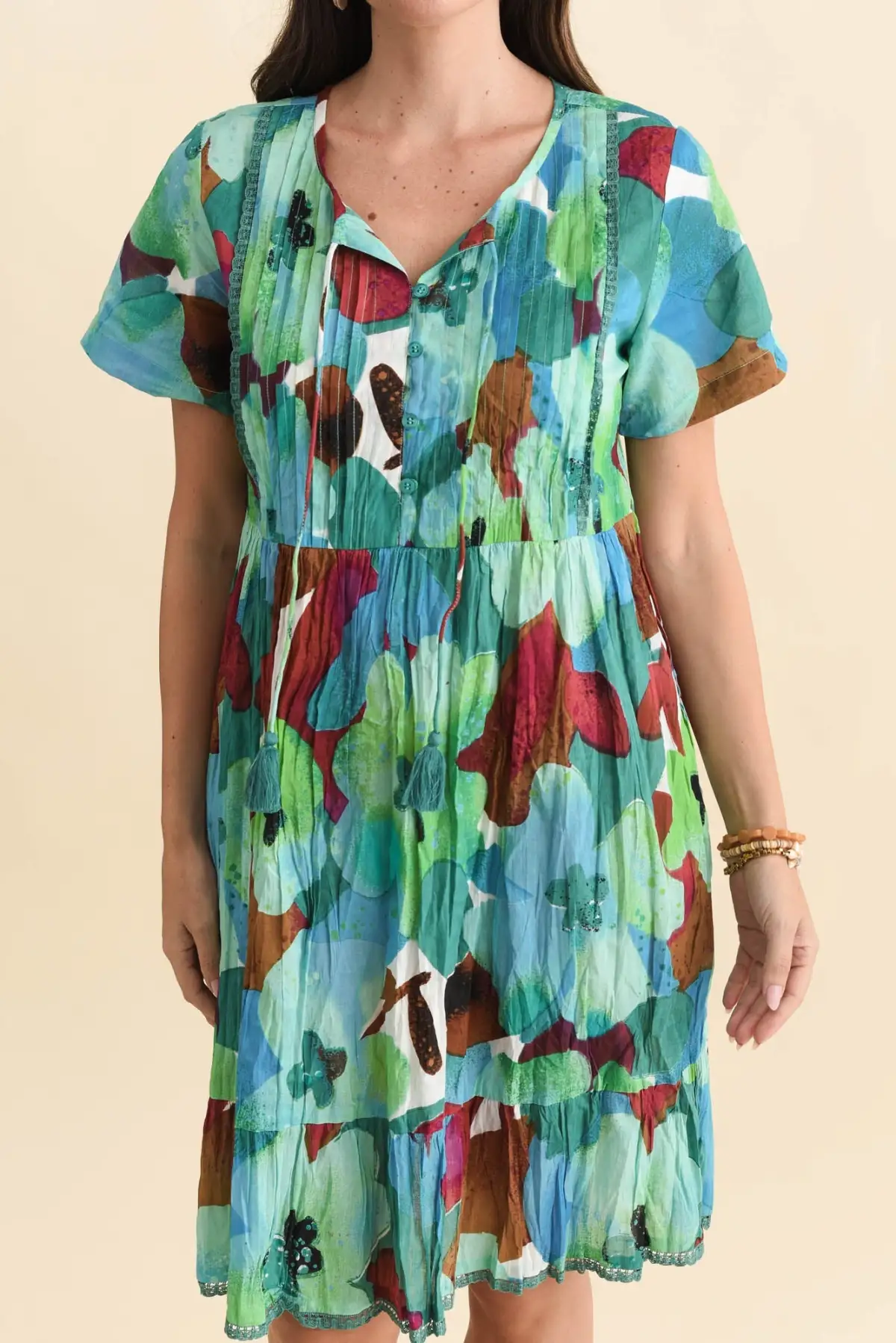Cotton Above-Knee Floral Pocket Round-Neck Short-Sleeve A-Line Dress