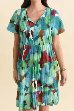 Cotton Above-Knee Floral Pocket Round-Neck Short-Sleeve A-Line Dress
