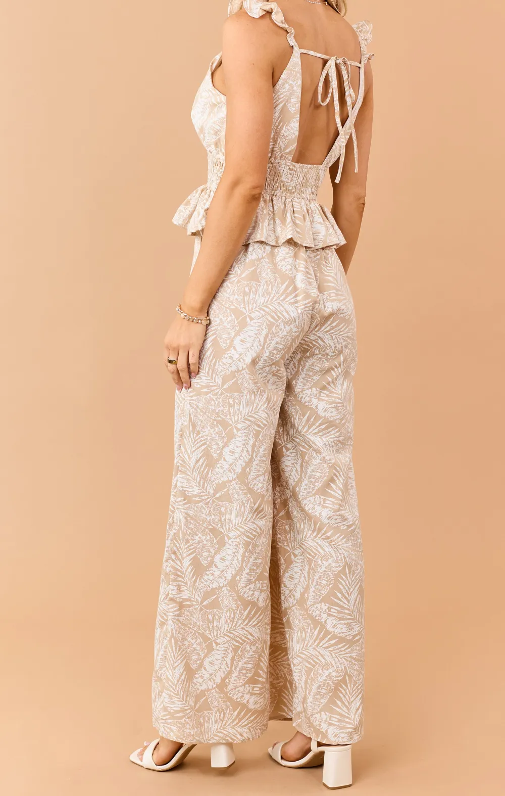 Desert Leaf Print Smocked Peplum Waist