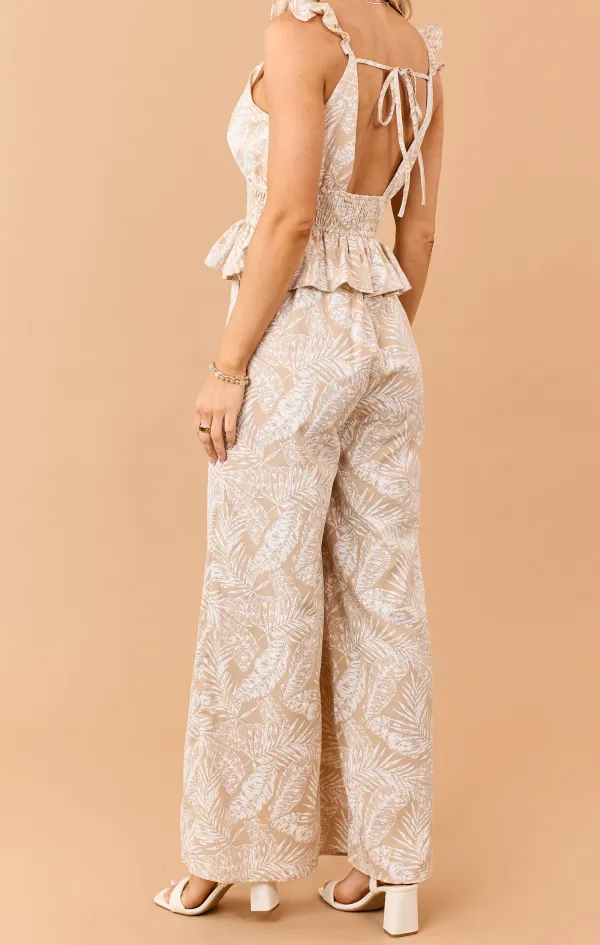 Desert Leaf Print Smocked Peplum Waist