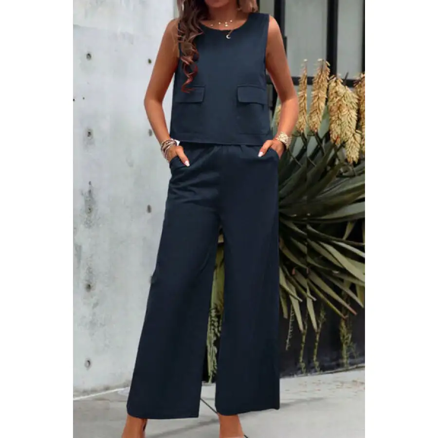 Round Neck Tank and Wide Leg Pants Set