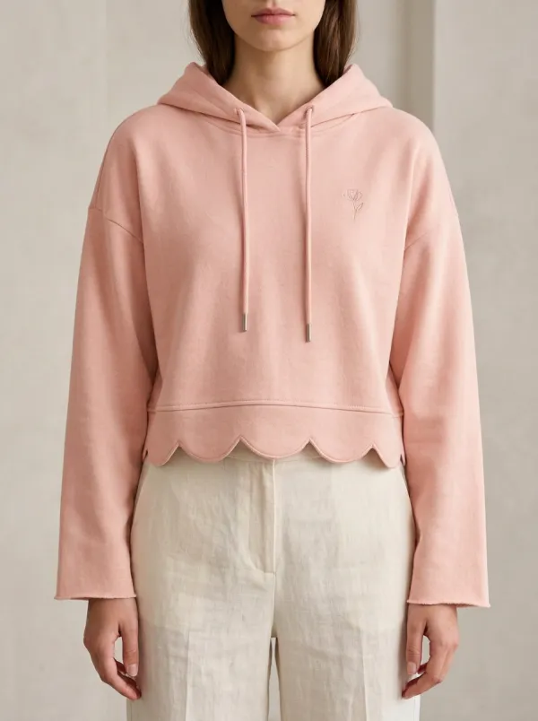 Women's Minimalist Floral Embroidered Scalloped Hem Printed Hoodie