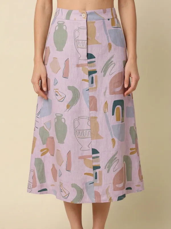 Women's Pottery Art Abstract Vase Printed Midi Skirt