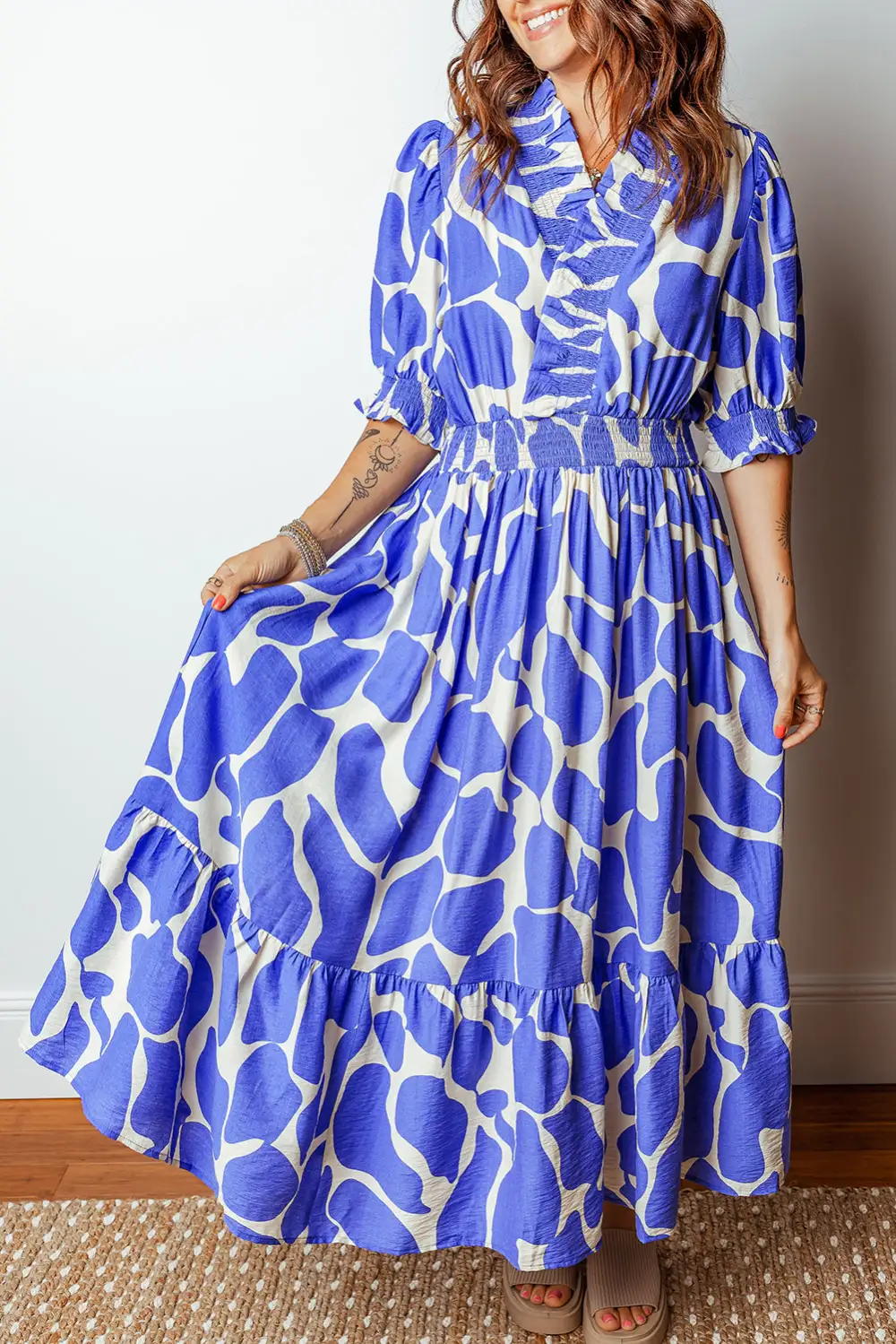 Sky Abstract Print Smocked Waist Puff Half Sleeve Maxi