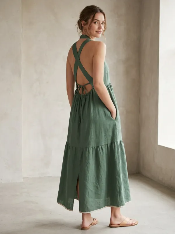 Women's Cross-Back Linen Maxi Backless Dress