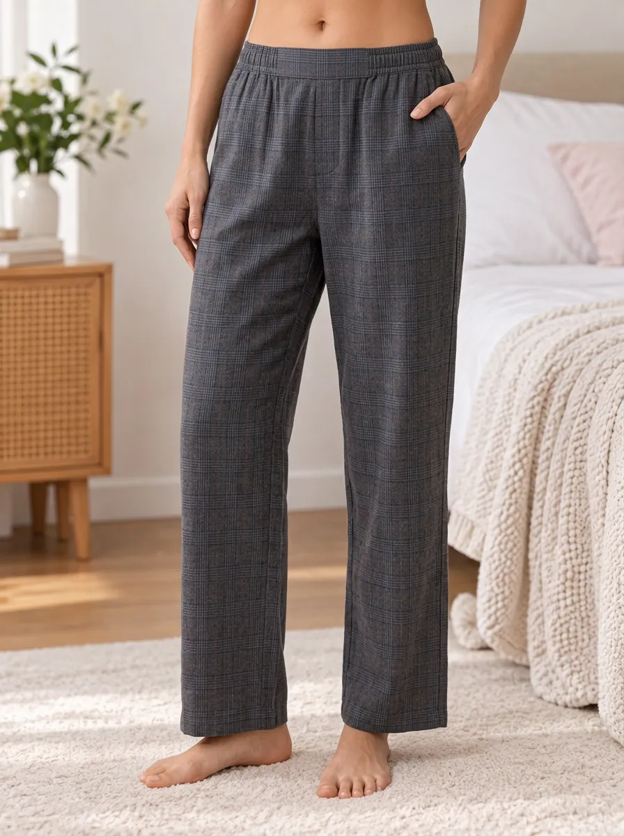Women's Plaid Ribbed Elastic Waist Pocket Sleep Pants