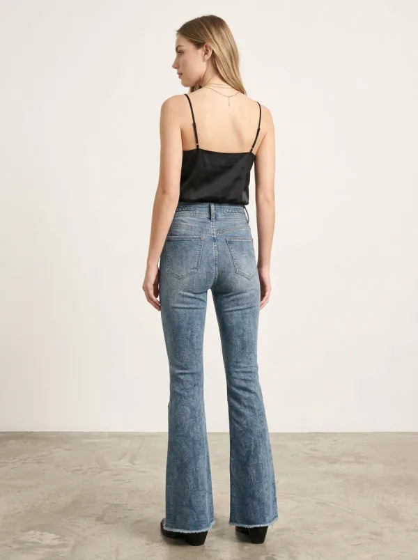 Women's Paisley Pattern High Rise Printed Flare Jeans