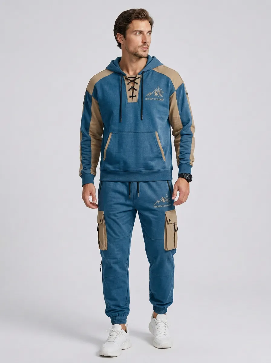 Urban Lace-Up Mountain Graphic Casual Look Men's Lace Up Hoodie And Cargo Jogger Set