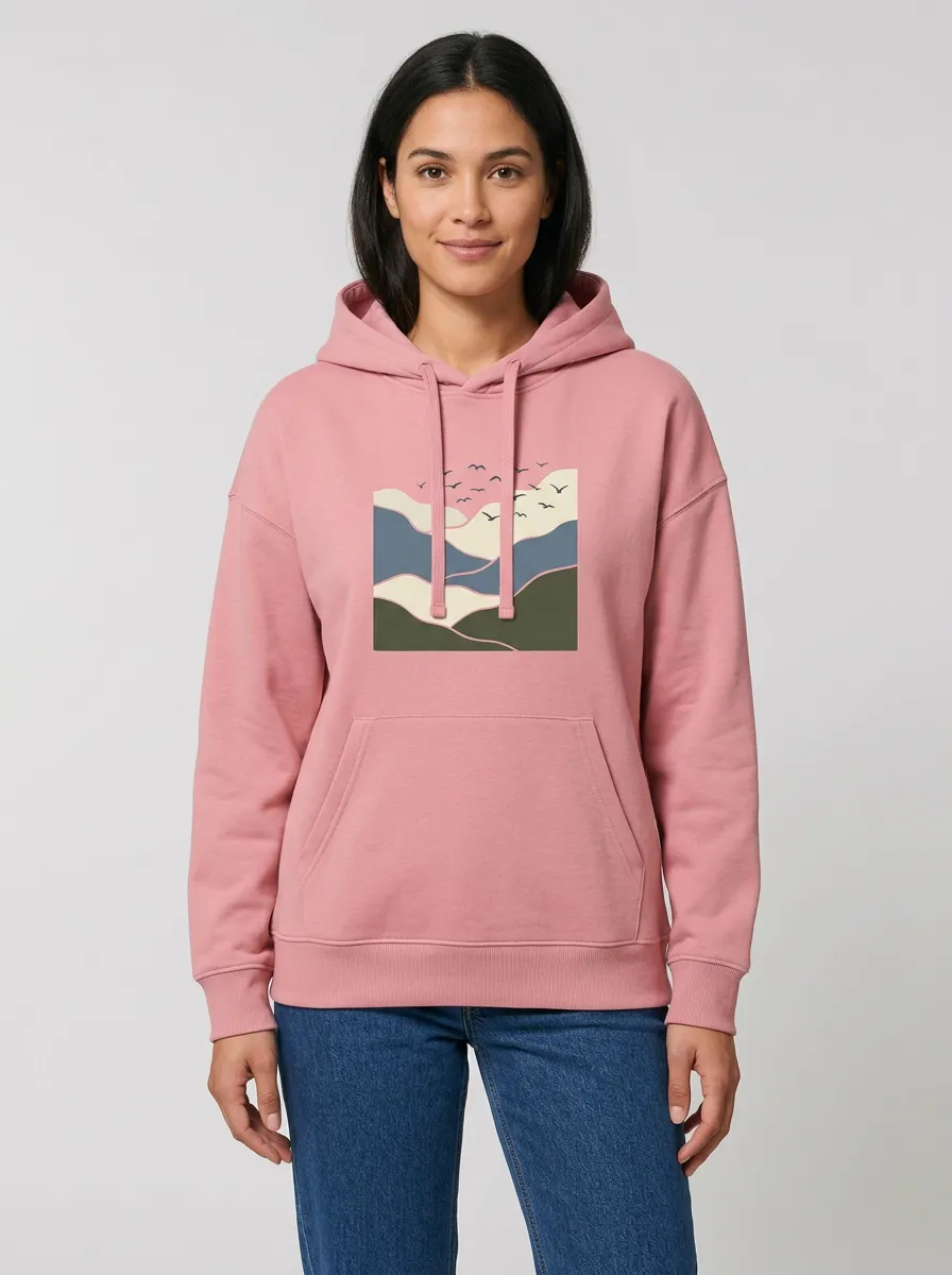 Women's Hooded Drawstring Graphic-Print Rib-Trim Hoodie