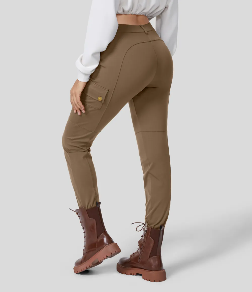 High Waisted Button Zipper Multiple Pockets Solid Skinny Cargo Pants
