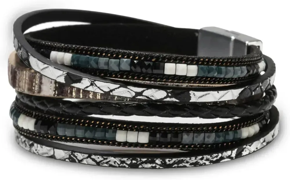 Fesciory Leather Wrap Bracelets for Women, Boho Leopard Multi-Layer Crystal Beads Cuff Bracelet Jewelry