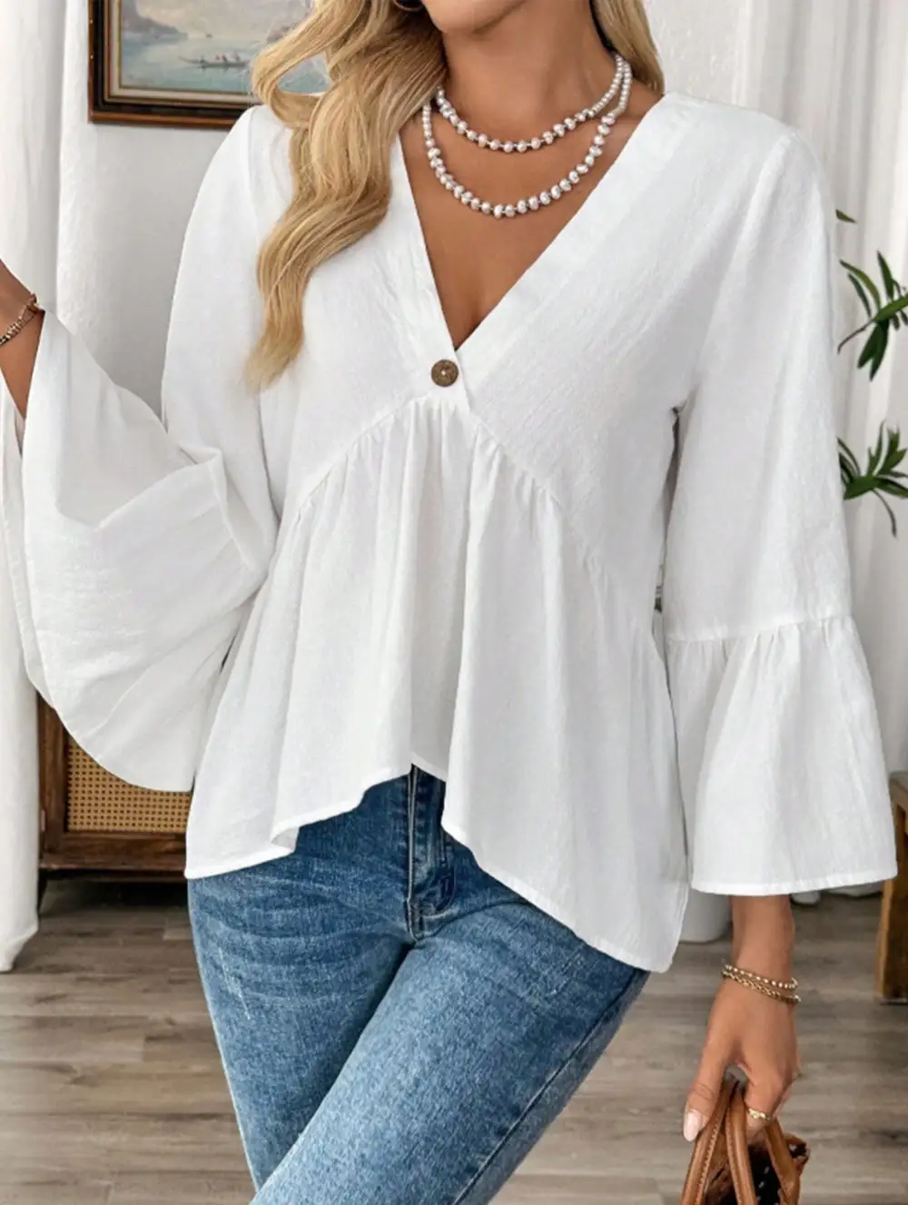 V-Neck Ruffle Sleeve Cotton Top