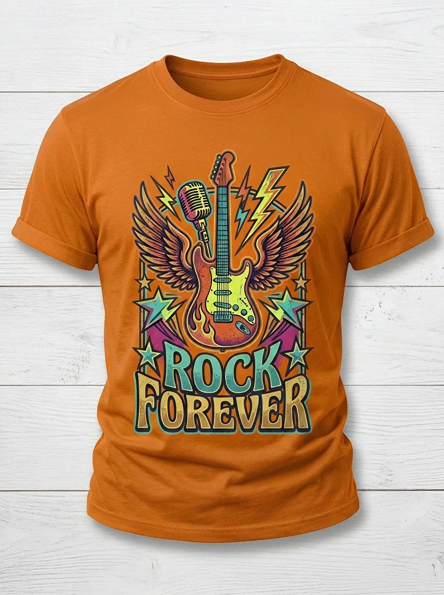 Unisex Rock Music Lover Winged Guitar Microphone Printed T-shirt