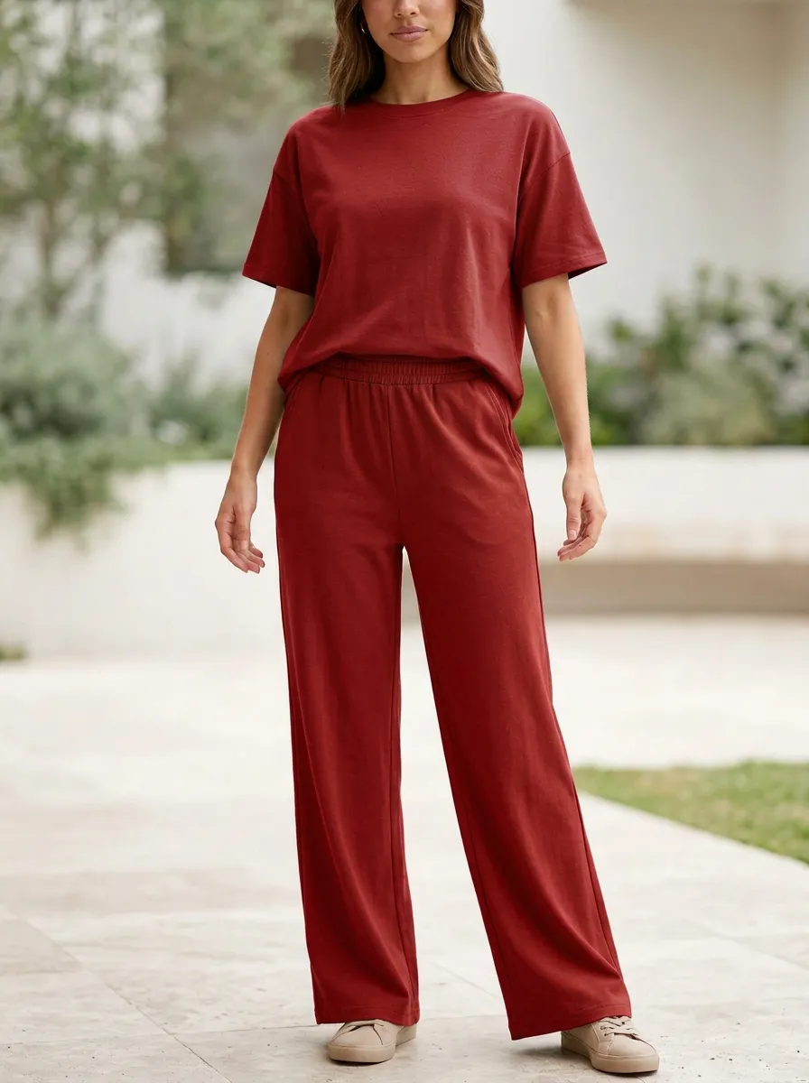 Women's Minimal Crewneck Top And Pull-On Wide-Leg Trouser Two-Piece Set