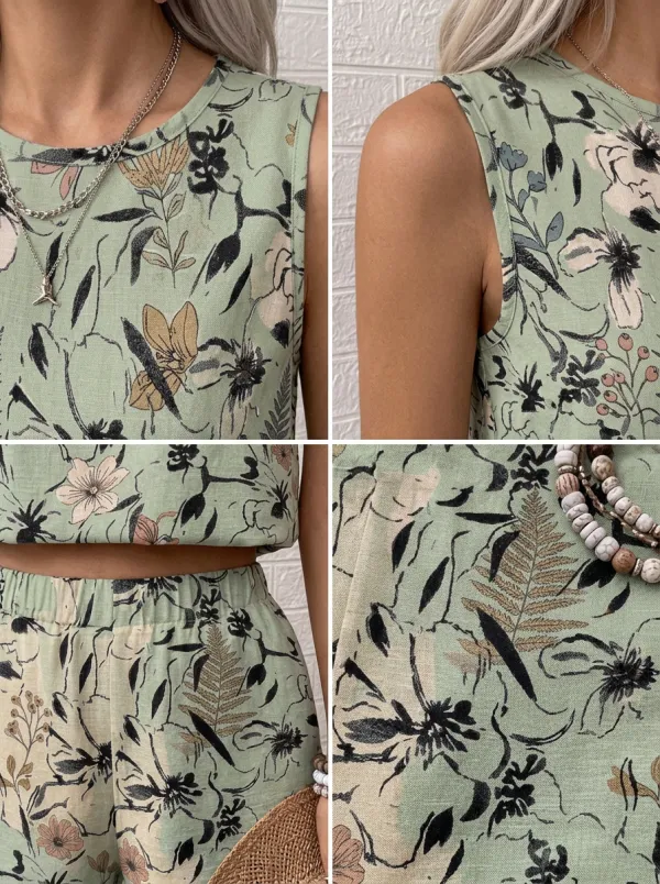 Women's Botanical Floral Sage Green Printed Sleeveless Short Set