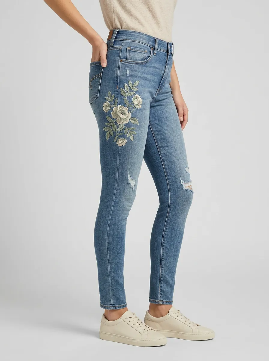 Women's Hudson Floral Embroidered Distressed Graphic Slim Jeans
