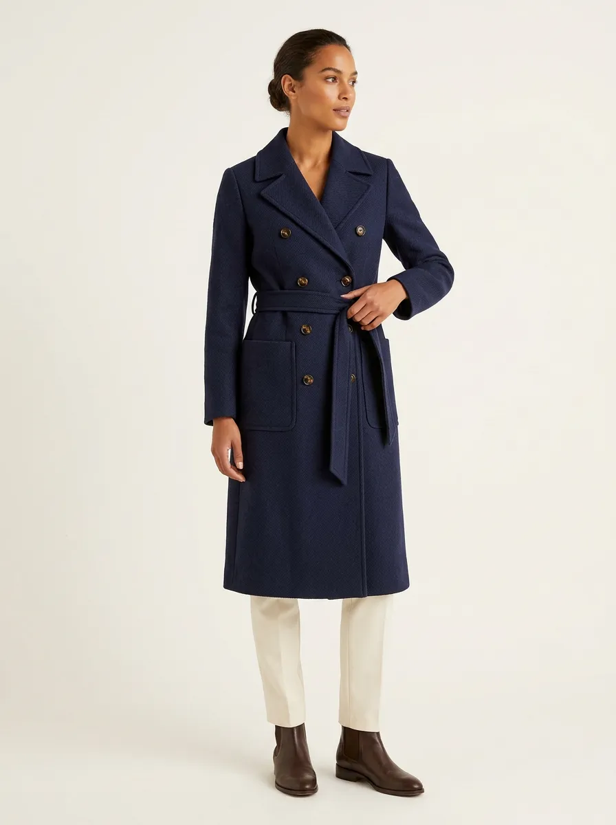 Women's Navy Blue Double-Breasted Belted Wool-Blend Coat