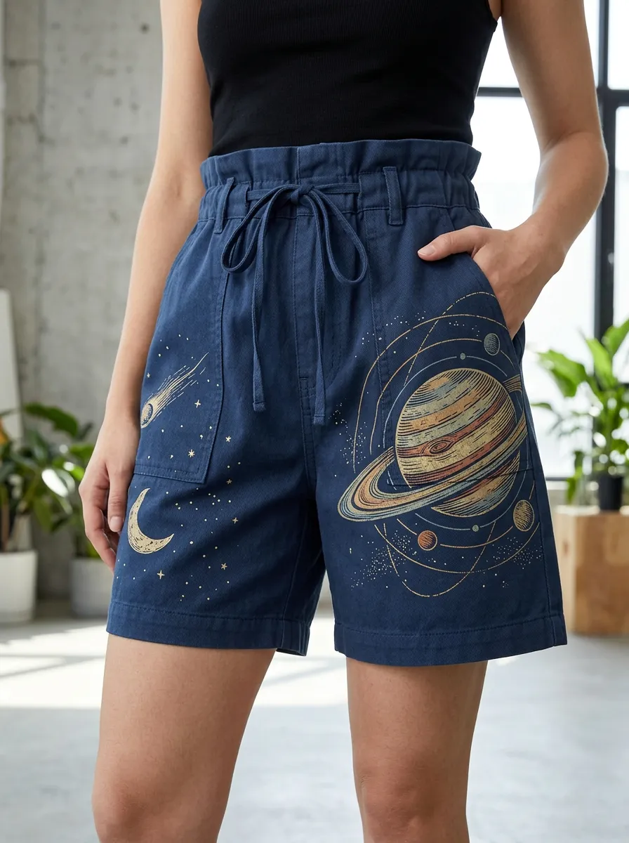 Women's Space Lover Saturn Moon Comet Printed Shorts