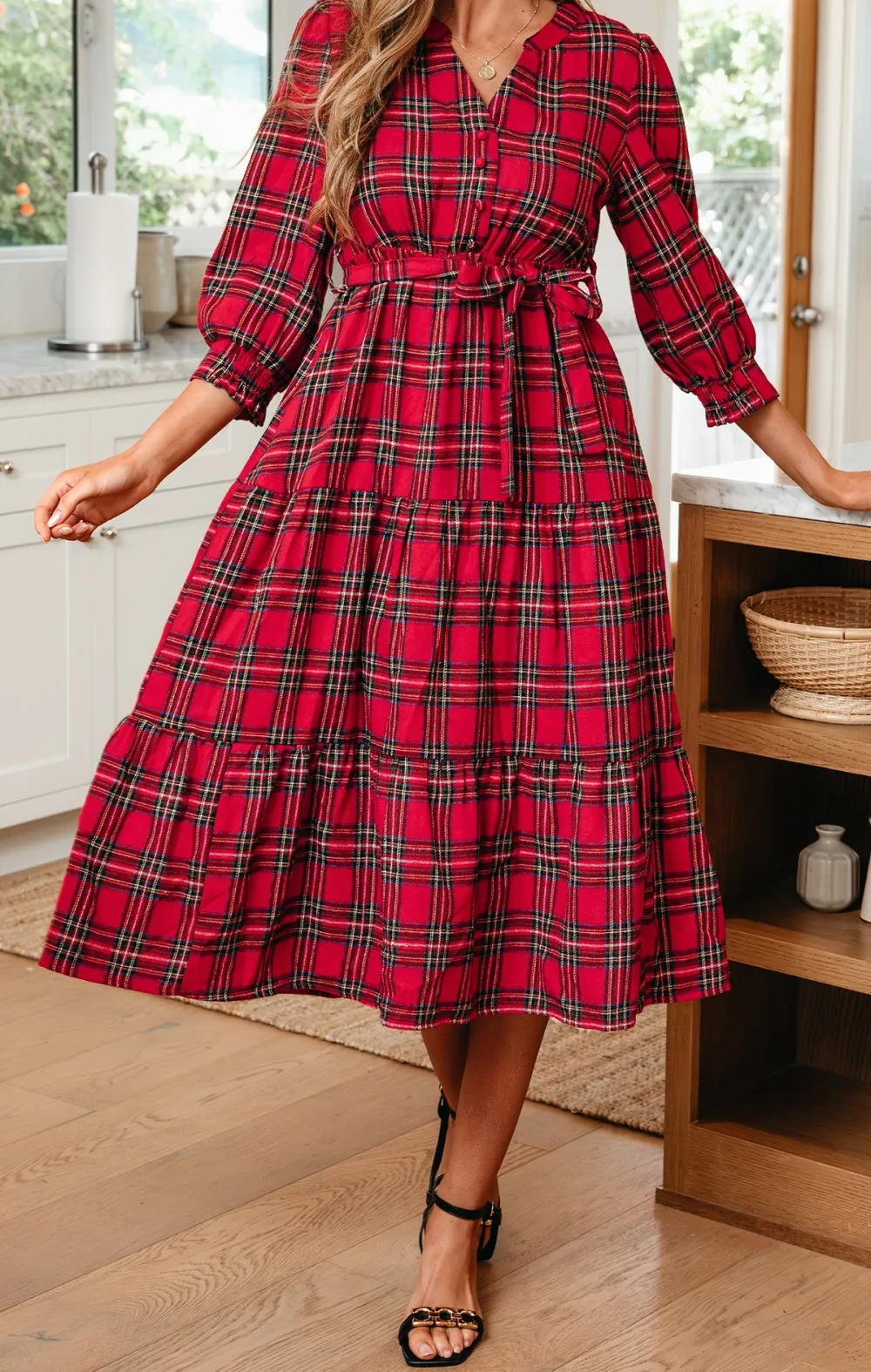 Christmas Plaid V Neck Sleeve Tie Waist Ruffle Hem Long Dress