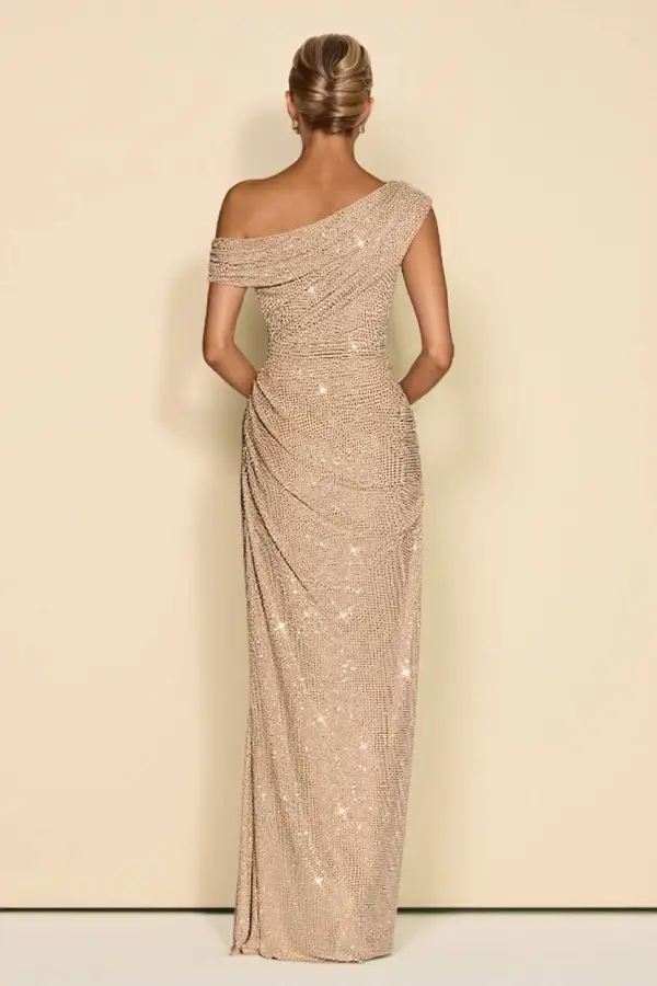 Off Shoulder Shiny Pleated Maxi Dress